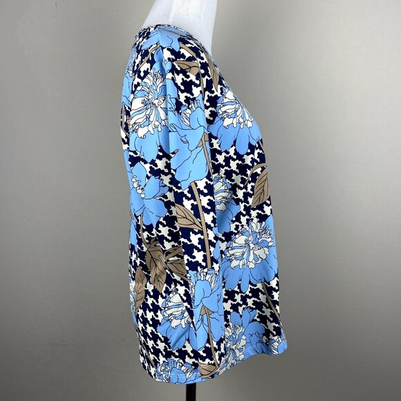 J. Mclaughlin Catalina Cloth‎ Top Womens Large Blue Floral Blouse 3/4 Sleeve Tee - Picture 5 of 13